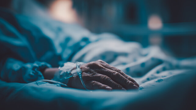 Close-up of elderly patient hand with IV drip in hospital bed, symbolizing critical condition, palliative care, and end-of-life support in medical or healthcare environments. - Powered by Adobe