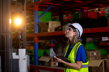 Female warehouse worker in safety gear using tablet to inspect inventory near forklift at night, representing logistics, stock management, and industrial night shift operations.