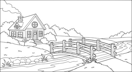 Obraz premium House with window, bridge, and nature scene with transparent background