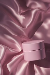Elegant pink cosmetic jar rests on luxurious flowing satin for beauty product promotion