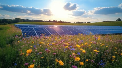 Solar panels installed in a field of colorful wildflowers under a bright sun with scattered clouds in a rural landscape