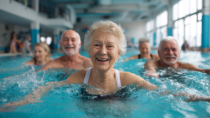 Group of seniors participating in water aerobics class, indoor pool, active lifestyle.