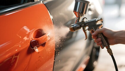 Professional car painting service using spray gun for auto body repair and restoration work