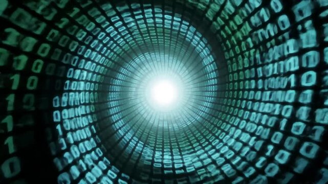 Binary Code Tunnel with Bright Light: Data Stream Technology Concept