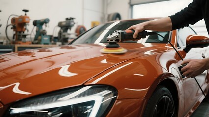 Car detailing service polishing orange vehicle with orbital buffer for paint correction shop