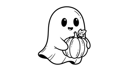 Fototapeta premium Cute ghost holding pumpkin with transparent background
