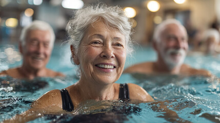 Fototapeta premium Group of seniors participating in water aerobics class, indoor pool, active lifestyle.