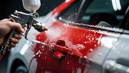 Car painting process using spray gun for auto refinishing and custom automotive paint job service