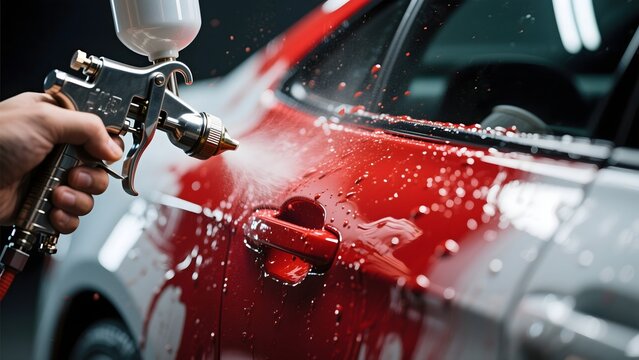 Car painting process using spray gun for auto refinishing and custom automotive paint job service