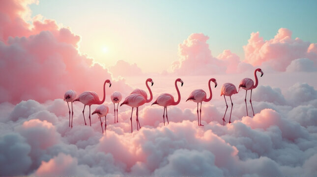 Dreamy flock of flamingos gracefully walking through soft pink clouds at sunrise