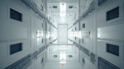 aerial view of data hall with symmetrical cooling ducts futuristic composition no people illustration concept scene visual for commercial design use high detail quality stock image illustration