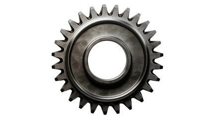 Scratched steel gear mechanical object isolated on white background
