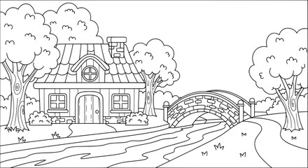 House with trees and bridge with transparent background