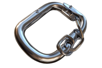 Metal carabiner design isolated on a transparent background with a high level of detail showcasing its sleek and shiny finish