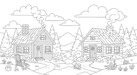 Scenic mountain cabin view with transparent background