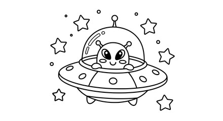 Cute alien in flying saucer with transparent background