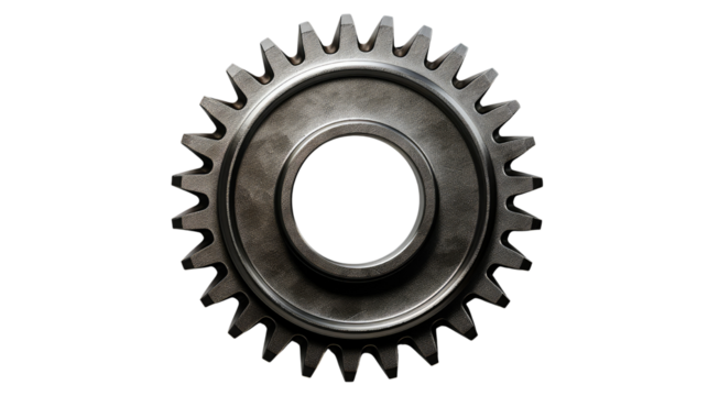 Scratched steel gear mechanical object isolated on white background

