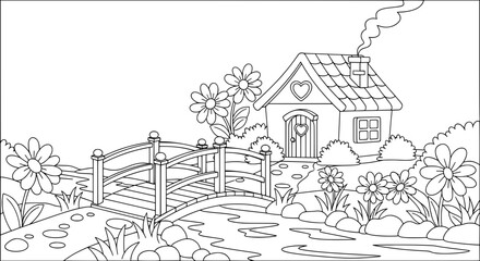 Scenic rural house with flowers and bridge with transparent background