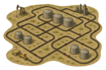 Oil refinery plant with storage tanks and pipeline network in desert