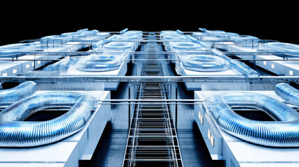 aerial view of data hall with symmetrical cooling ducts futuristic composition no people illustration concept scene visual for commercial design use high detail quality stock image illustration