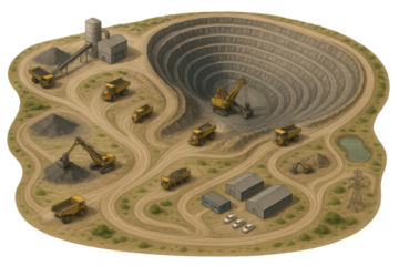 Isometric open pit mine with heavy construction machinery and haul roads