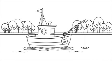 Fototapeta premium Fishing boat on water with trees in background