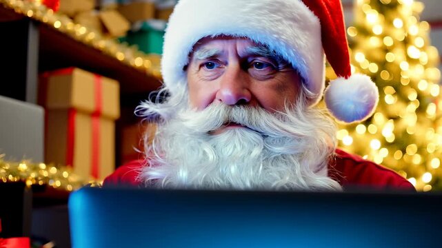 Santa Claus sits in the warehouse of his factory with laptop and keeps a record of gifts. Santa carefully records gift details on his laptop inside the busy warehouse.
