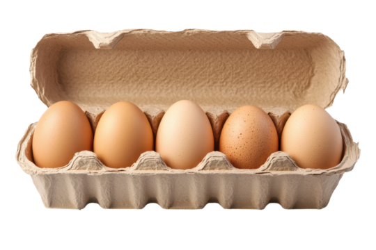 Collection of fresh brown eggs nestled securely in a cardboard carton for easy storage and transportation in a kitchen setting