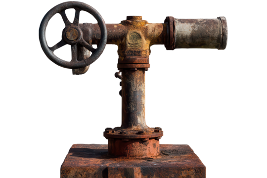 Old rusty water pump isolated against a transparent background showcasing weathered texture and vintage design