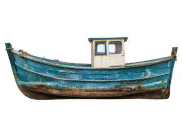 Isolated fishing boat in weathered blue paint showcasing signs of age, anchored quietly at a distant shore under a clear sky