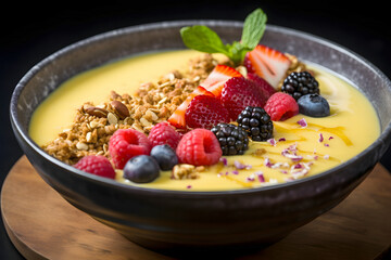 Delicious smoothie bowl topped with fresh fruits and granola served in a stylish black bowl