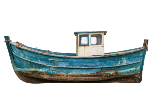 Isolated fishing boat in weathered blue paint showcasing signs of age, anchored quietly at a distant shore under a clear sky