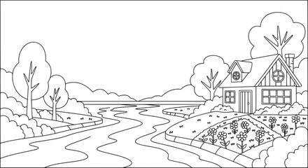 Obraz premium Landscape scene with house and trees with transparent background