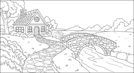 Obraz premium Landscape with house and river with transparent background