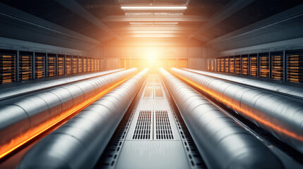 aerial view of data hall with symmetrical cooling ducts futuristic composition no people illustration concept scene visual for commercial design use high detail quality stock image illustration