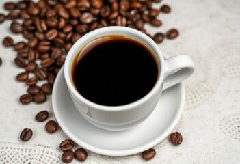 Obraz premium White porcelain coffee cup, black coffee, saucer, coffee beans, dark, cozy