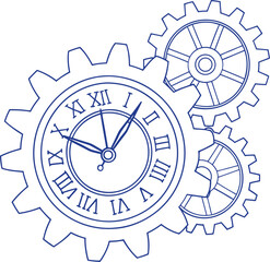 Mechanical gear clock illustration in clean line art style, featuring Roman numerals and interconnected cogwheels, perfect for vintage steampunk design, time concept, and engineering art.