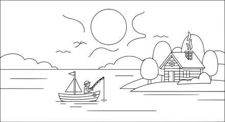 Naklejka premium Seaside landscape with boat, house, and trees with transparent background