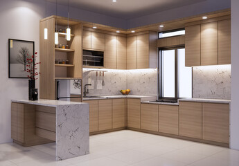 Modern kitchen interior with wooden cabinets, built-in appliances, and minimalist design. Contemporary home kitchen with bright lighting and functional layout.