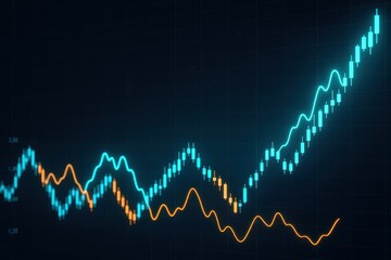 Abstract Financial Curves: A vibrant display of digital financial curves rising, hinting at economic growth and investment potential, depicted against a dark backdrop.
