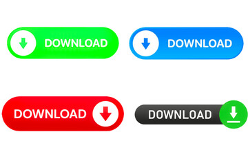 Download Buttons Set – Green, Blue, Red, and Black Download Icons with Arrow Symbols for Web and App Design