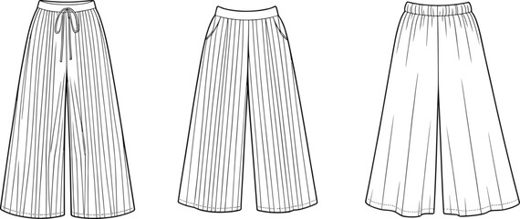 Flat fashion sketch of pleated wide-leg pants, front and back view, technical drawing, elastic waist trousers, garment design template, vector clothing illustration