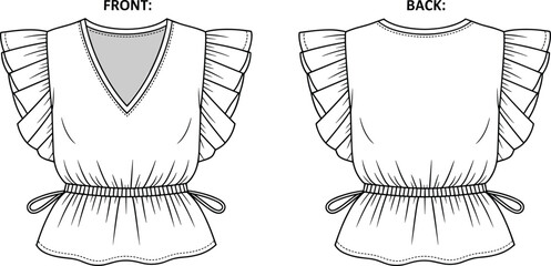 Flat fashion sketch of ruffle sleeve blouse, front and back view, belted waist top design, technical garment drawing, vector clothing template for apparel