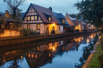 Obraz premium Cozy European-style houses with warm lights reflecting on a calm canal during twilight surrounded by trees and foliage