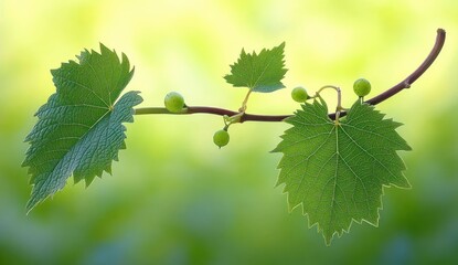 Close-up of a grapevine twig with large green leaves and small immature grapes against a soft green blurred background, evoking freshness and natural growth