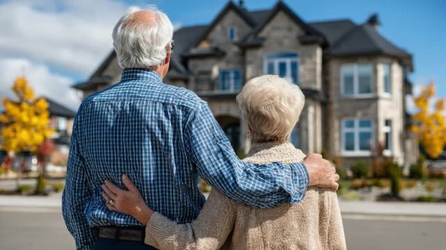 A Couple's Dream: An elderly couple embraces, gazing upon their dream home, symbolizing the tranquility and comfort of retirement years. - Powered by Adobe