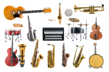 Collage of various musical instruments arranged in an artistic display showcasing guitars, brass, woodwinds, and percussion in a well-lit studio setting