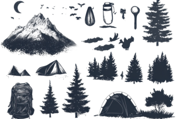 Outdoor camping and hiking elements illustrate the essence of wilderness adventures with mountains, tents, and nature at dusk