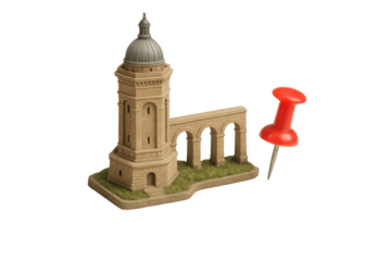 Architectural miniature of a building next to a red push pin isolated PNG with Transparent Background