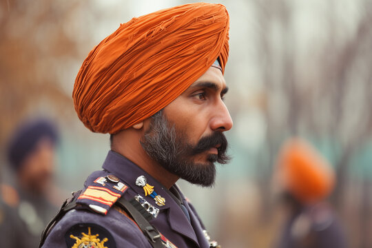 Soldier in turban expresses pride while standing guard at a Sikh community event amidst backdrop of vibrant heritage and tradition